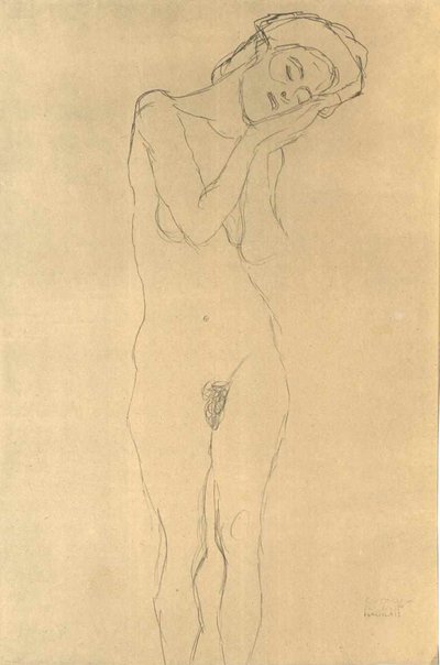 Mädchenakt von vorne mit Hand an der Wange von Gustav Klimt